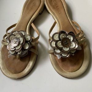 Chanel Camelia MOP Floral Golden Strap Sandals Sz6